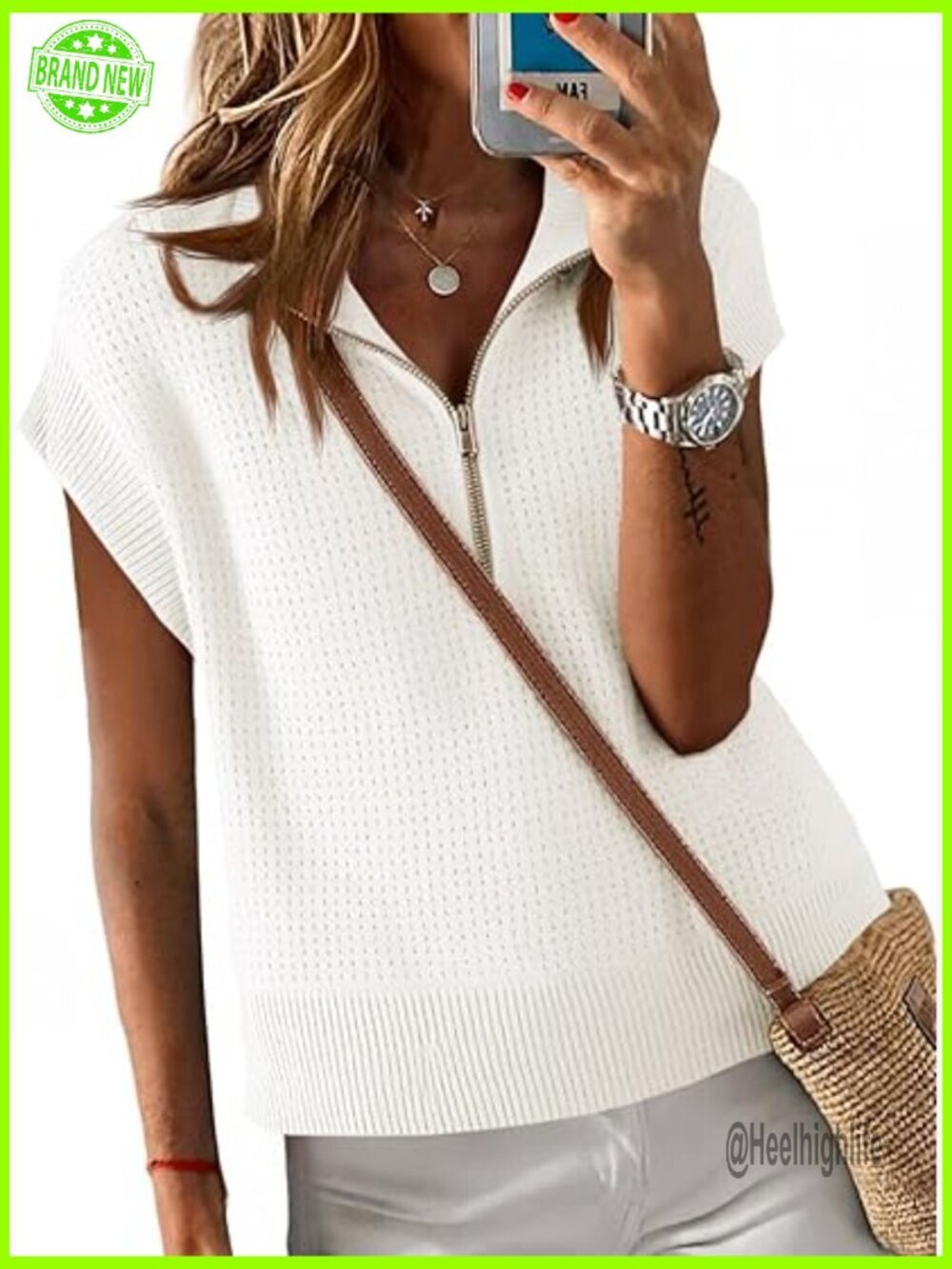 Cropped Half Zip Sweater Vest Lightweight Knit Cap Sleeve Oversized Pullover
